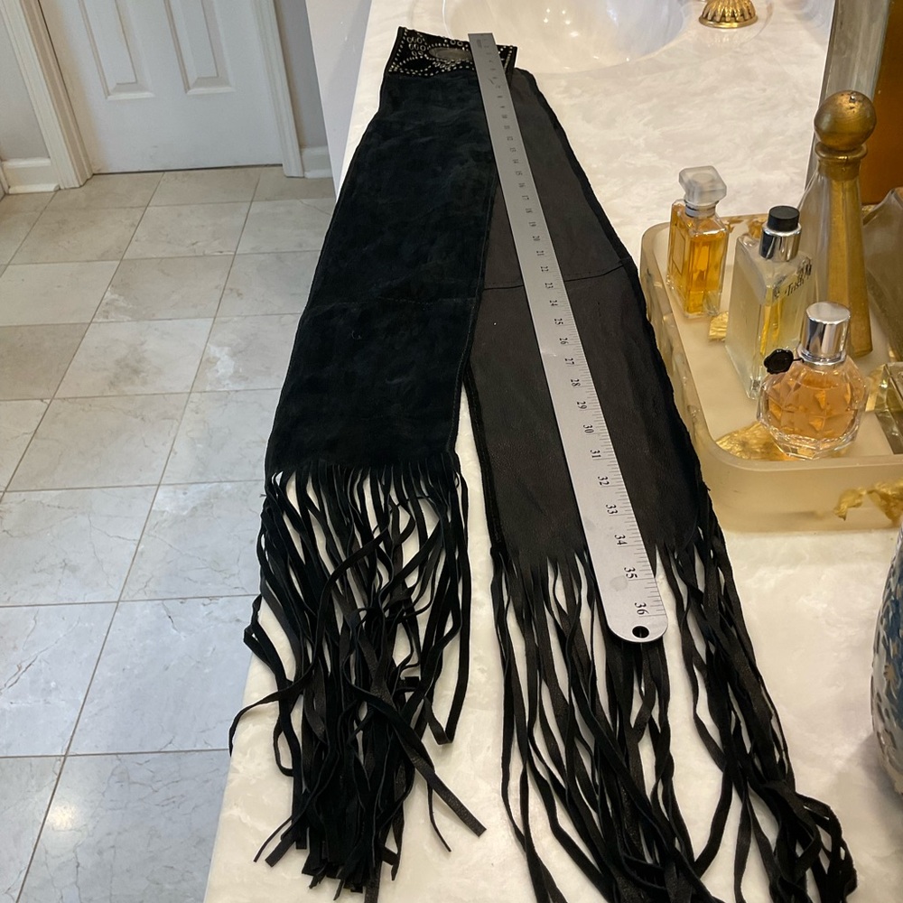 Black suede tie belt with gold stud work and fringe by (N)ine, Handmade, NWOT - Picture 5 of 10